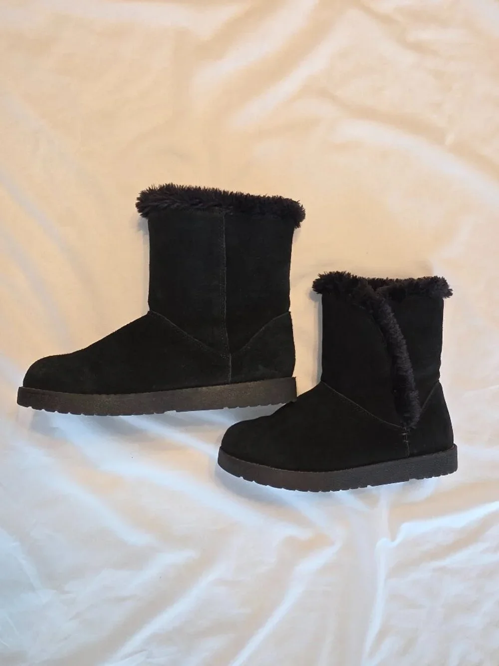 Black Suede Boots Faux Fur Lining Warm Cozy Winter Womens Sz 7 Shoes